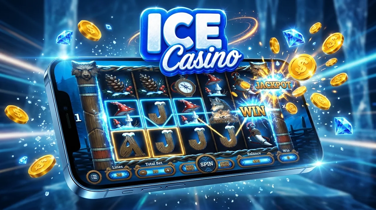 Aplikacja mobilna ICE Casino — widok gry slotowej z wygraną i jackpotem na smartfonie